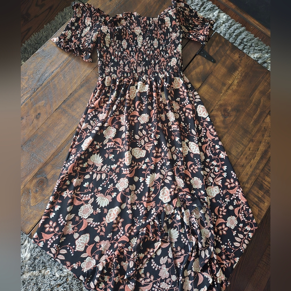 Franchescas Floral Off The Shoulder Black Pink Maxi Dress Size Medium